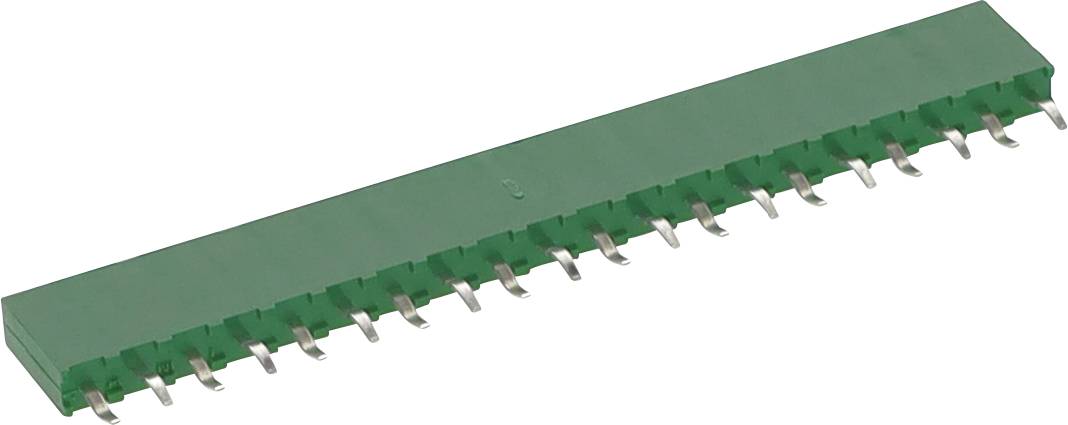 Zelená elektronická súčiastka s viacerými kovovými kolíkmi, ktorá sa typicky používa ako konektor alebo zásuvka v doske plošných spojov.