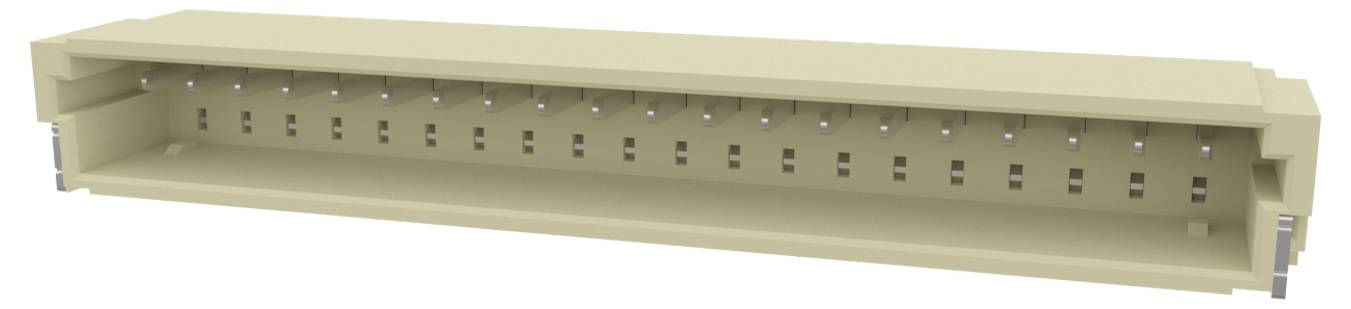 Obdĺžnikový béžový elektrónický konektor s viacerými kolíkmi zaradenými v dvoch radoch, určený na pripojenie k doske plošných spojov.