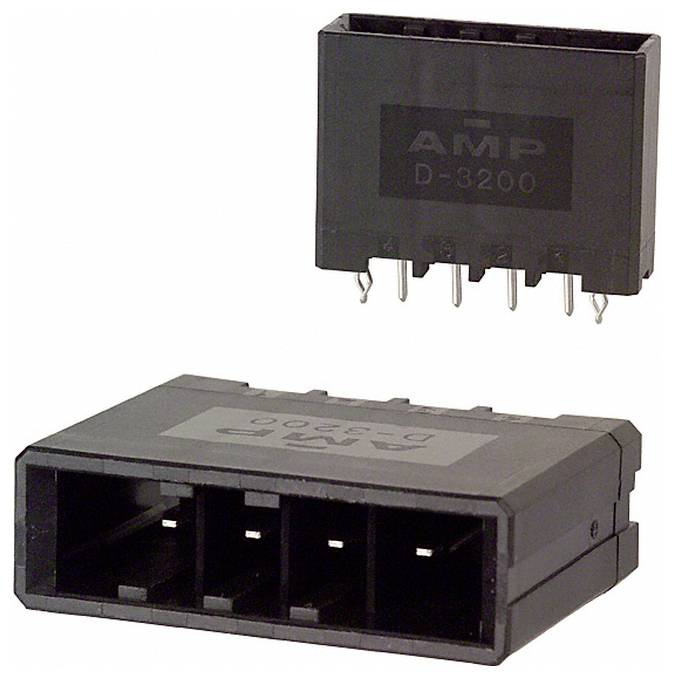 "AMP D-3200 4-pinový elektrický konektor" zobrazujúci predný a bočný pohľad s viditeľnými kovovými kolíkmi na pripojenie elektronických zariadení.