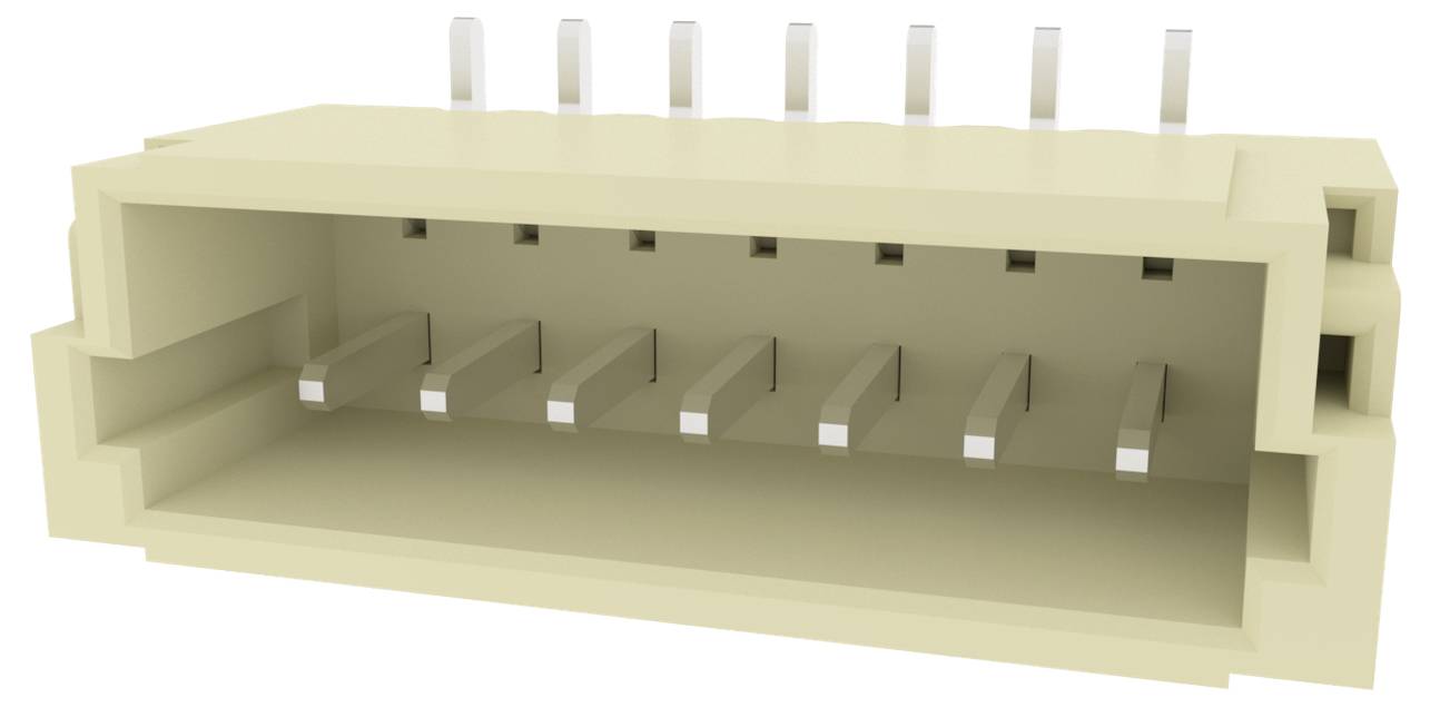 Béžový, obdĺžnikový elektronický konektor s kovovými kolíkmi, určený na zástrčkové pripojenia v elektronických zariadeniach.