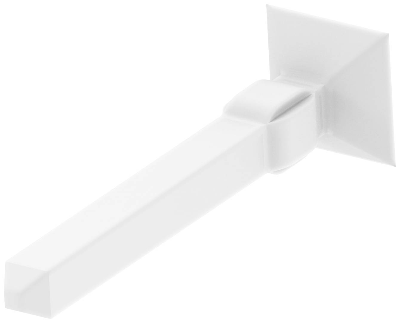 Biely, štvorcový kľučový úchyt v minimalistickom štýle, namontovaný na bielom pozadí.