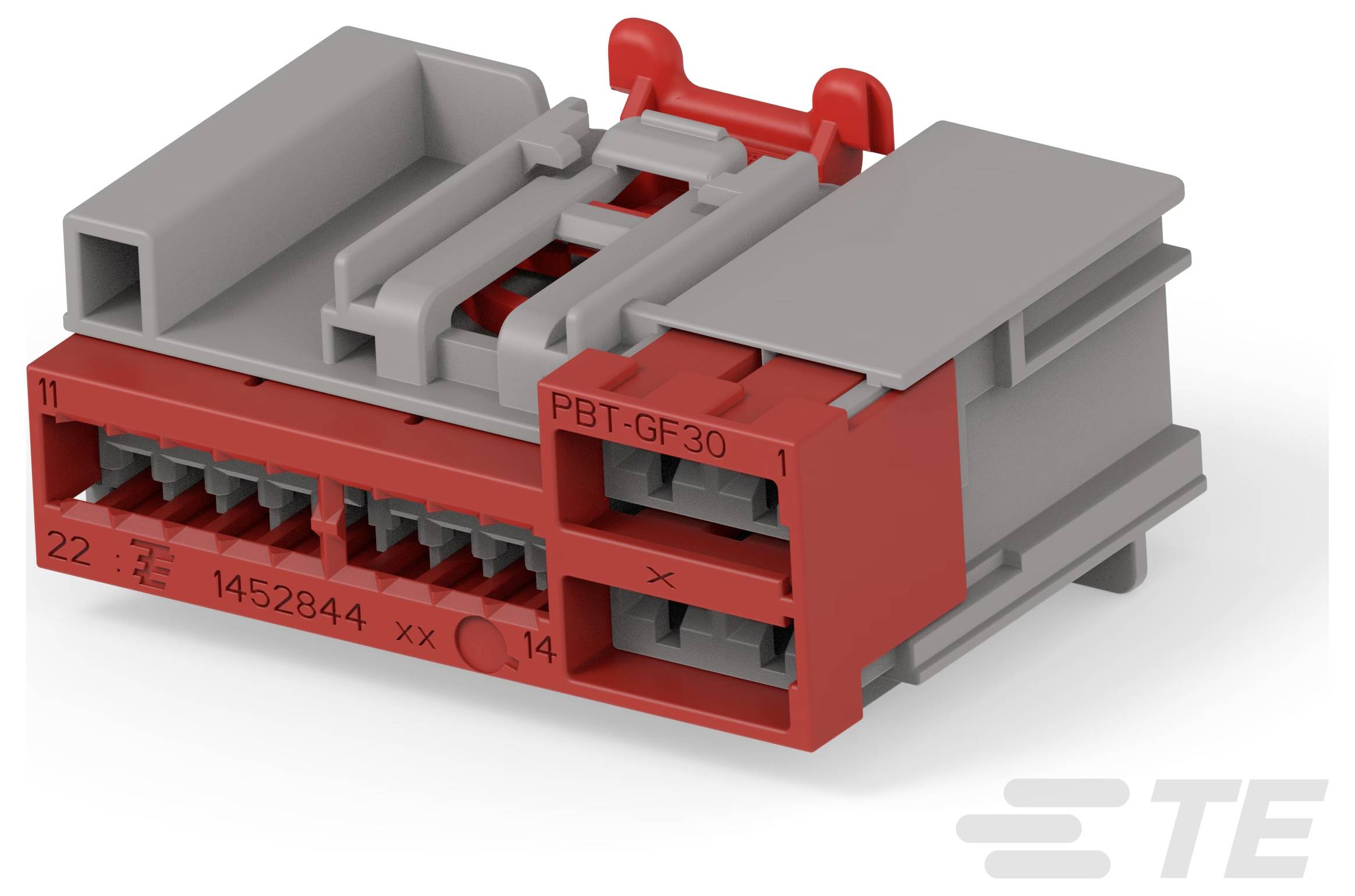 Elektrický konektor TE Connectivity, materiál PBT-GF30, červený a sivý, s viacerými kontaktmi. Viditeľné číslo modelu 1452844.