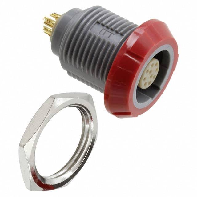 Elektrický konektor s červenými a sivými krúžkami, vedľa šesťhranná kovová matica na upevnenie.