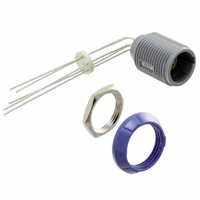 Elektrický senzor so sivým krytom a tromi dlhými kovovými kolíkmi, sprevádzaný modrým a strieborným montážnym dielom.