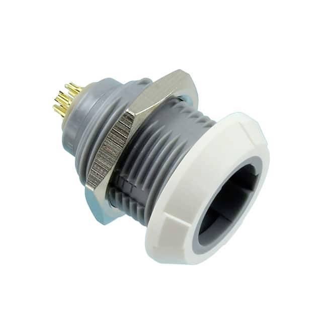 Šedý a biely konektor s viacerými pinmi a šesťhranným kovovým závitom, vhodný pre technické aplikácie.