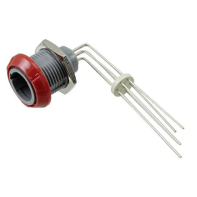 Červený, sivý a strieborný elektrický konektor s dlhými zahnutými kovovými kolíkmi.