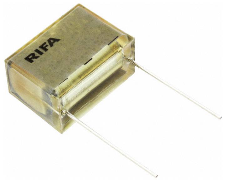 Obdĺžnikový elektrolytický kondenzátor RIFA s dvoma dlhými kovovými vývodmi vychádzajúcimi z jednej strany, používaný v elektronických obvodoch na filtráciu a skladovanie energie.