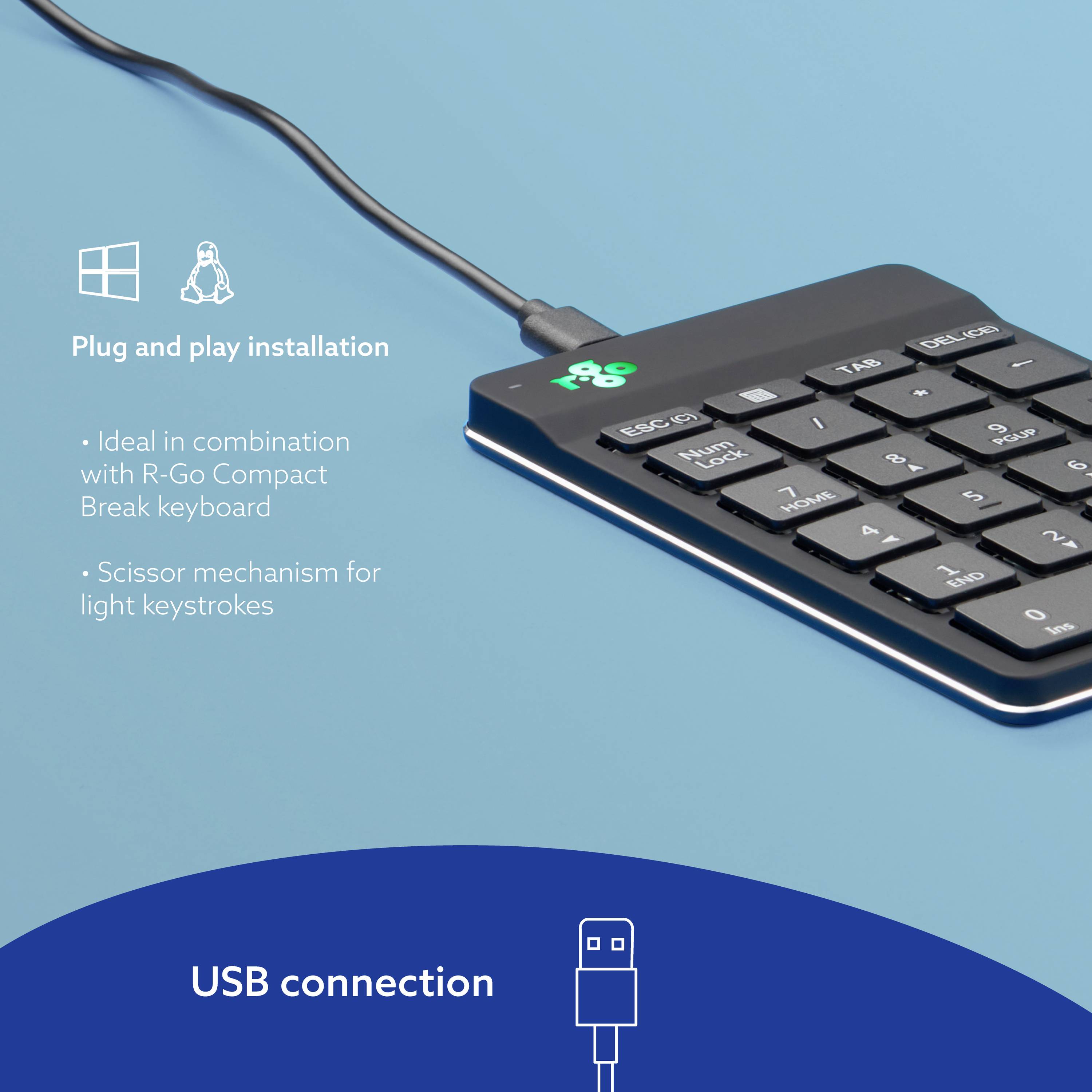 Klávesnica s podsvietením a USB pripojením. Text popisuje inštaláciu „plug and play", ľahké stláčanie klávesov a kompatibilitu s klávesnicou R-Go Compact Break.