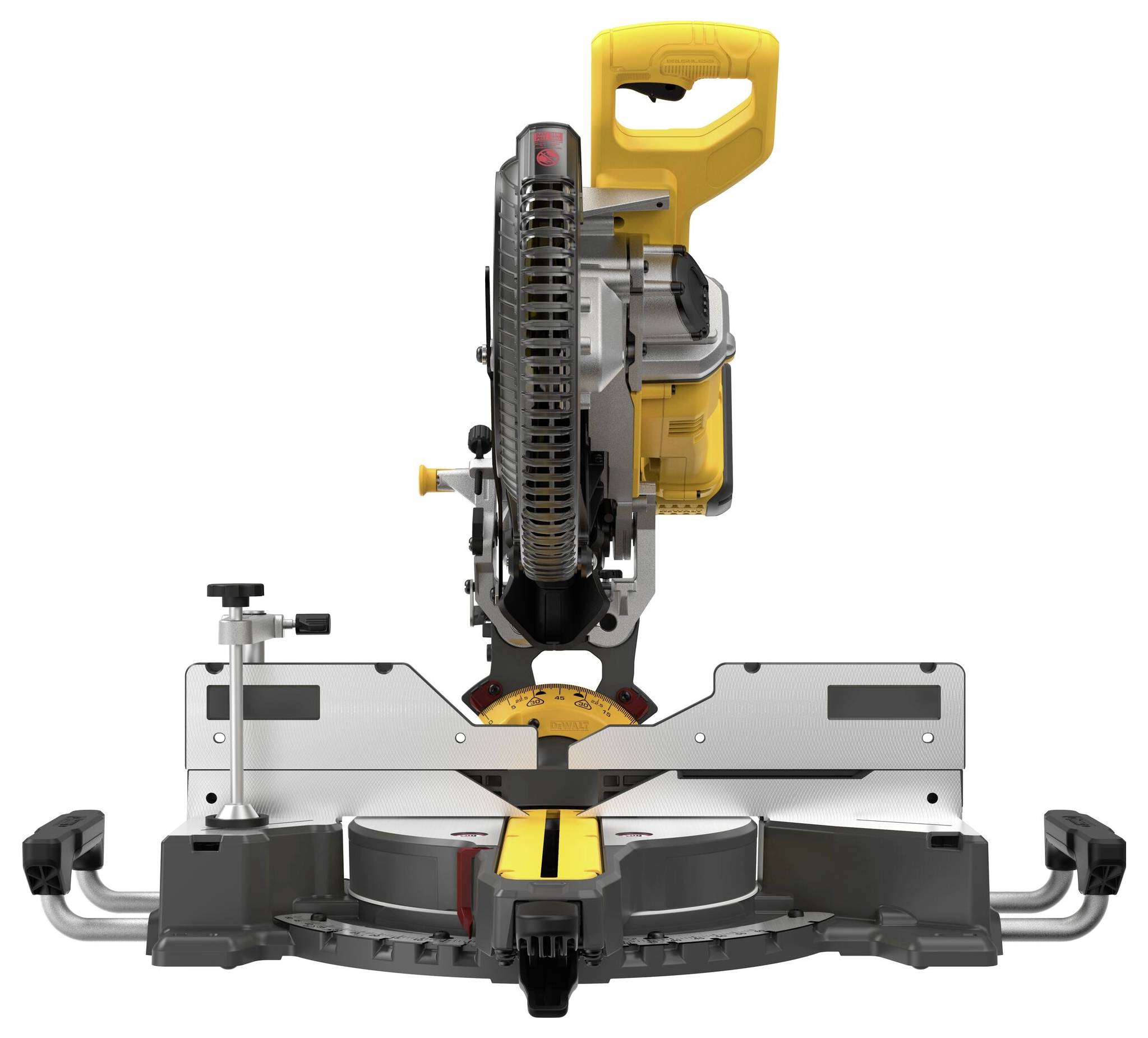'Žltá pokosová píla na pracovnom stole, zobrazuje predný rezný priestor a bezpečnostný kryt. Ideálna pre prácu s drevom a presné rezy.'