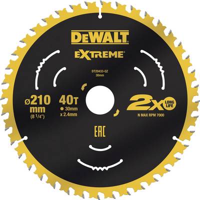 Kotúč DeWalt, priemer 210 mm, 40 zubov, vhodný pre extrémne zaťaženie, dlhá životnosť, max. 7000 ot./min.