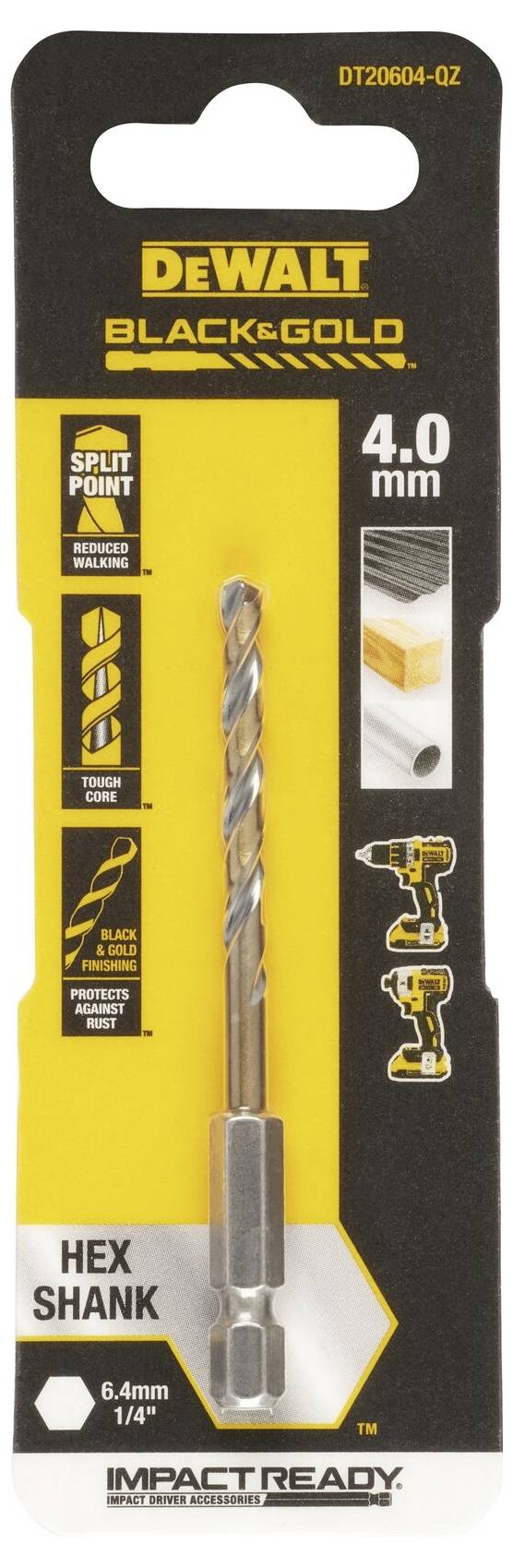 'DEWALT Black & Gold' vrták, 4,0 mm, vhodný pre drevo, kov, plast. Balenie zobrazuje vrták a kompatibilnú vŕtačku.
