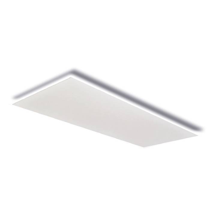 Obdĺžnikový LED panel s bielym rámom a difúznym povrchom, vhodný na montáž na strop, poskytuje rovnomerné osvetlenie.