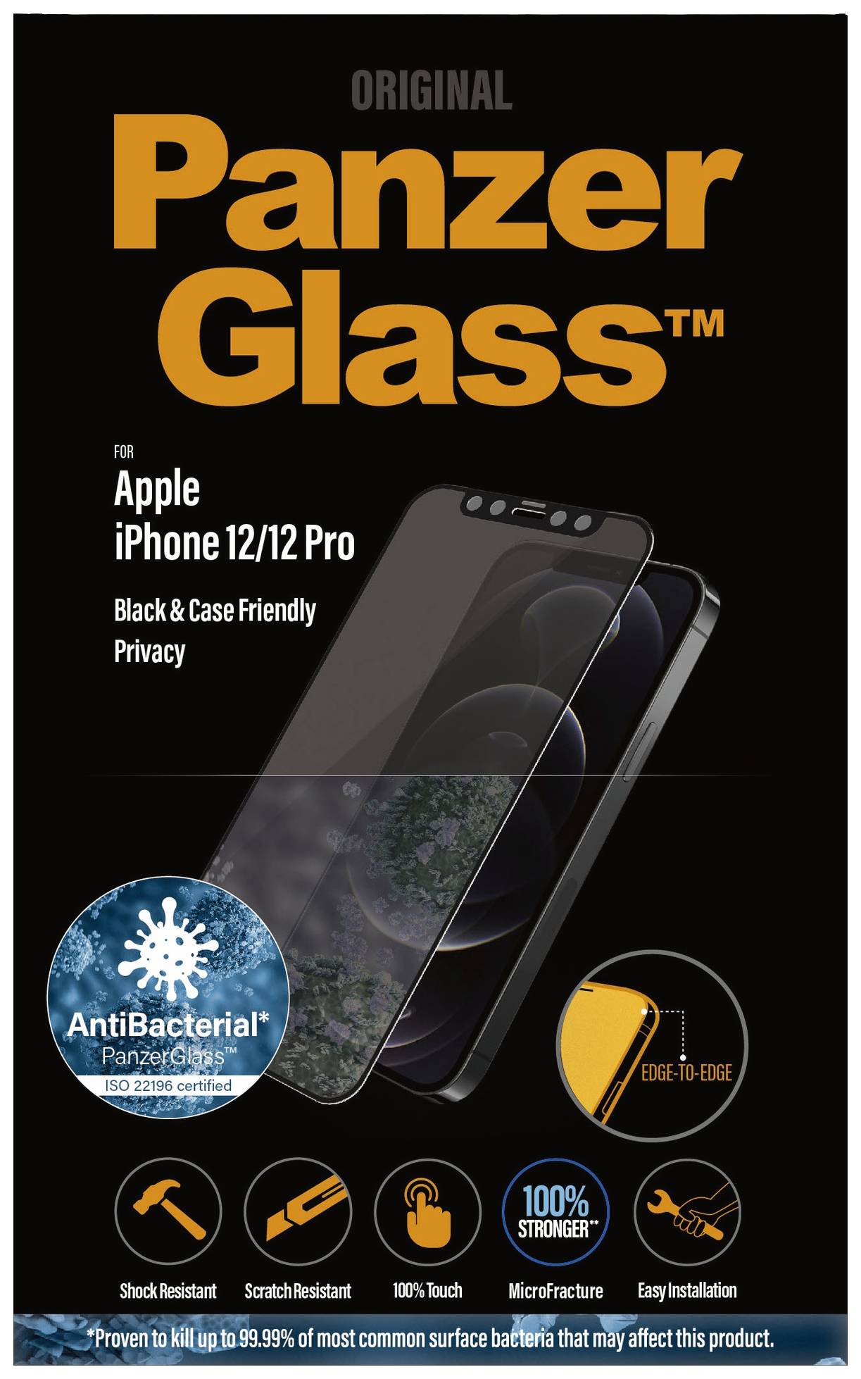 Titulok: Panzer Glass pre Apple iPhone 12/12 Pro. Funkcie: odolné voči poškriabaniu, antibakteriálne, jednoduché nalepenie, úplná ochrana.