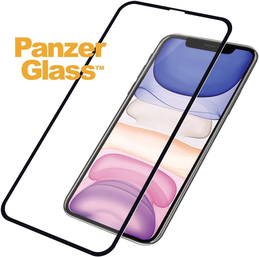 Smartfón s ochranným sklom PanzerGlass, zobrazujúci farebnú používateľské rozhranie. Ochranné sklo je nasadené na displeji telefónu ako rámček.