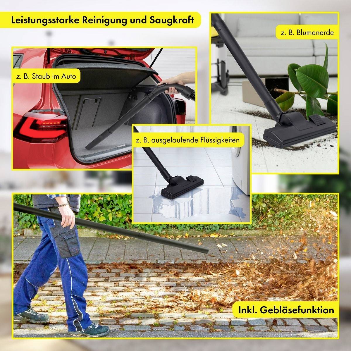 Vysávač s príslušenstvom vysáva lístie vonku, čistí kvetináče a auto. Text zdôrazňuje výkon a funkciu fúkania.