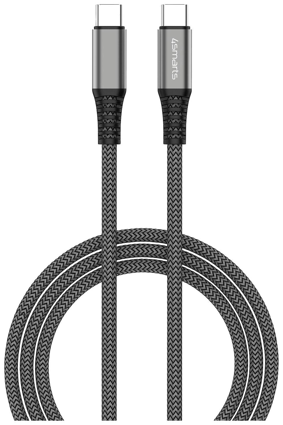 Dva USB-C káble s pletením dizajnom a kovovými konektormi; vhodné pre prenos dát a nabíjanie; s logom '4smarts'.