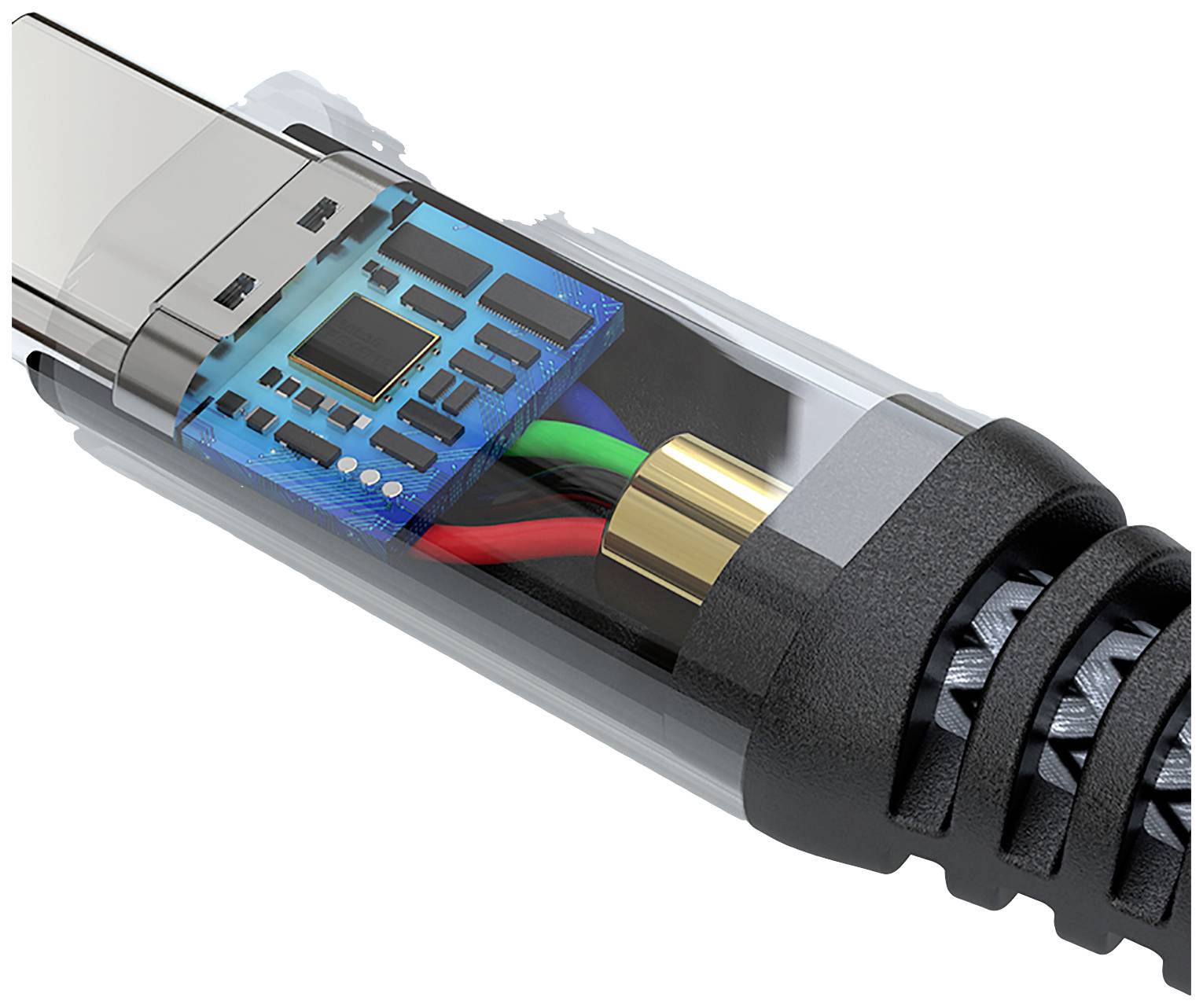 Rozrezaný USB-C konektor odhaľuje vnútorné vodiče, farebné káble a malý čip.