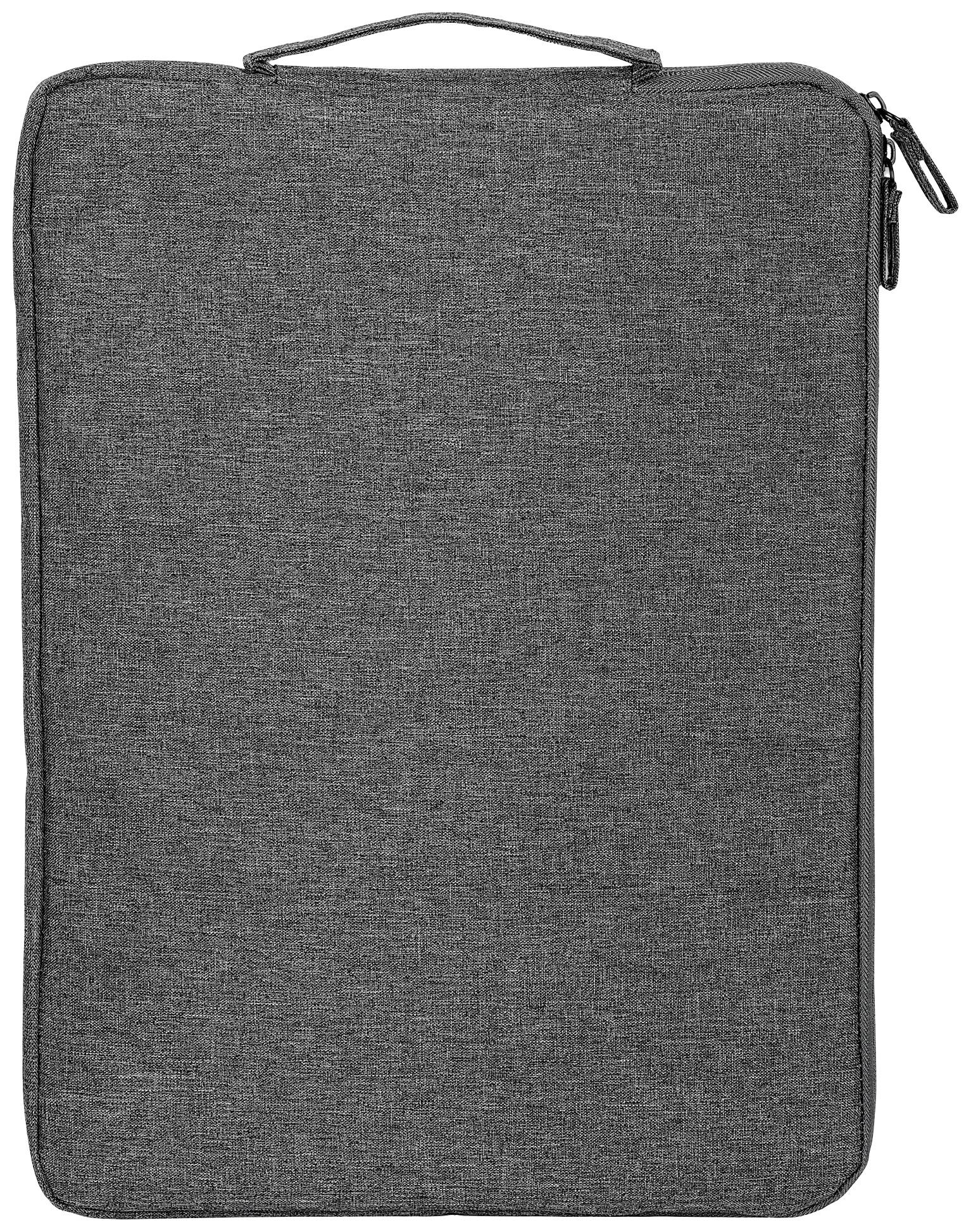 Sivá štruktúrovaná taška na notebook so zipsom a horným úchytom.