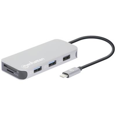 USB-C hub s tromi USB portami, jedným HDMI portom a čítačkou pamäťových kariet. Navrhnutý spoločnosťou Manhattan.
