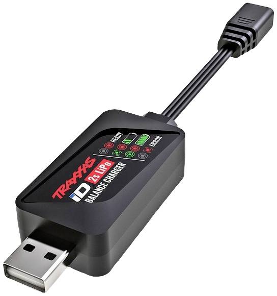 Čierna USB nabíjačka s logom Traxxas, s LED indikátormi stavu. Zariadenie je vhodné pre nabíjanie 2S LiPo batérií.