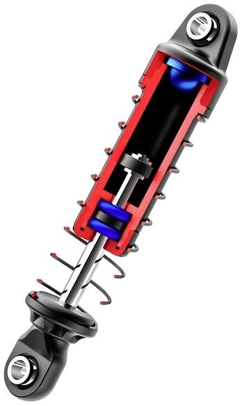 Priečny rez tlmičom ukazuje jeho vnútorné komponenty, ako sú piest, pružina a tlmiaci mechanizmus.
