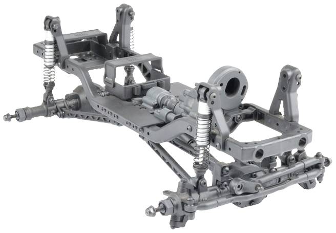 Sivý kovový podvozok so zavesením, pravdepodobne modelového vozidla, ukazuje komplexnú mechaniku pruženia a držiaky.