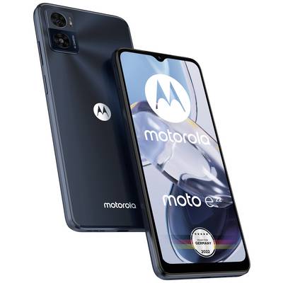 Dva tmavohnedé smartfóny Motorola moto e22. Na obrazovke predného zariadenia je logo Motorola a text 'Germany 2022'.