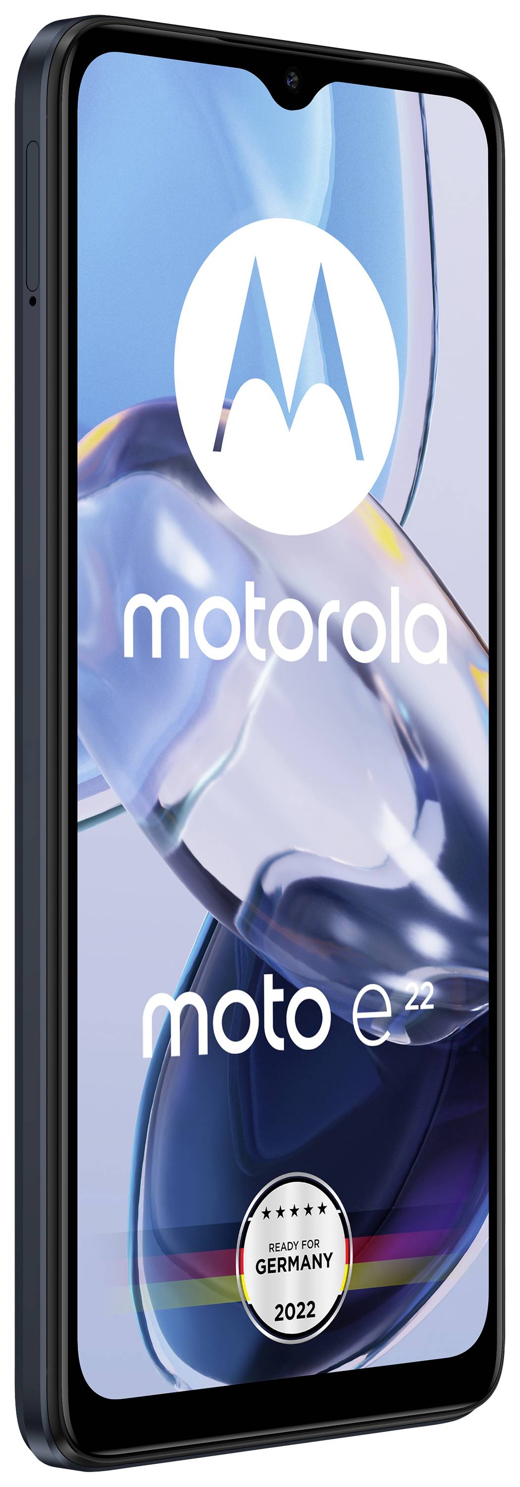 Smartfón 'Motorola Moto E22' s lesklým displejom. Je viditeľné logo Motoroly a víťazný emblém pre Nemecko 2022.