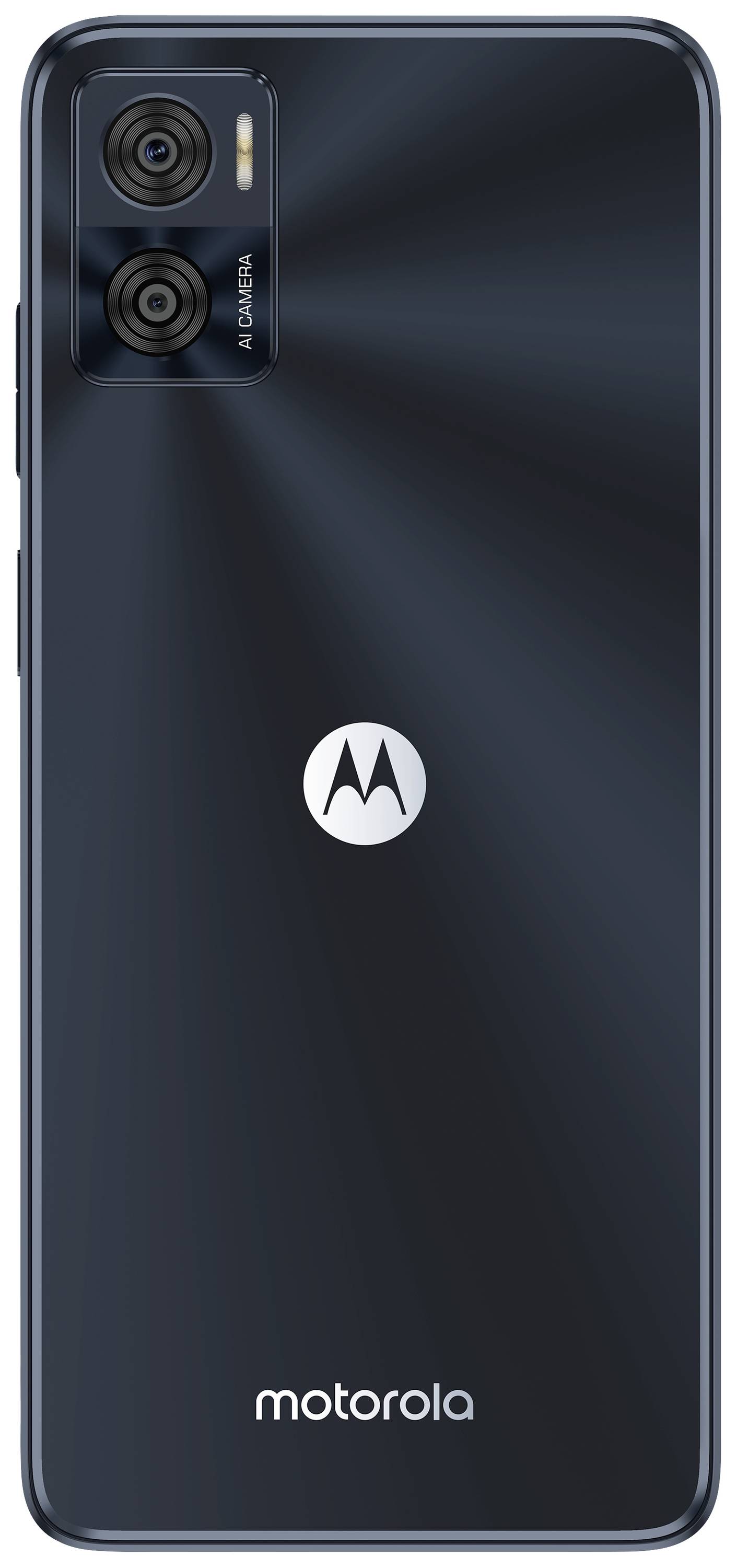 Smartfón v čiernej farbe s dvomi objektívmi fotoaparátu a logom Motorola uprostred na zadnej strane.