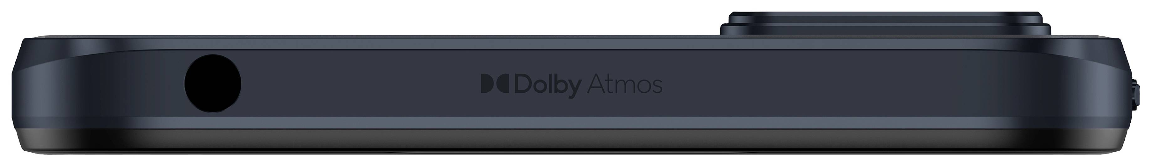 Horná strana čierneho smartfónu s logom Dolby Atmos, zobrazujúca kameru a otvor mikrofónu.