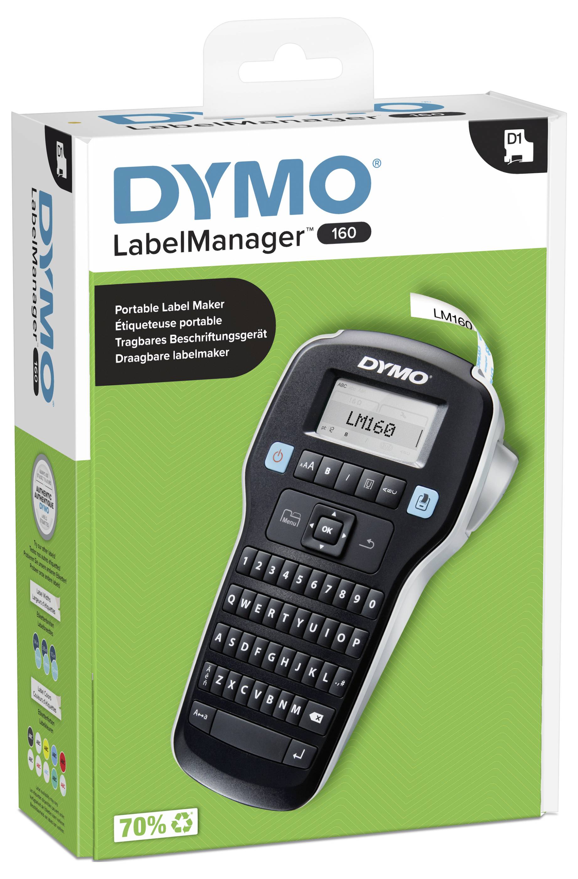 DYMO LabelManager 160 v obale, prenosné štítkovač, zobrazený so štítkami a špecifikáciami na prednej strane.
