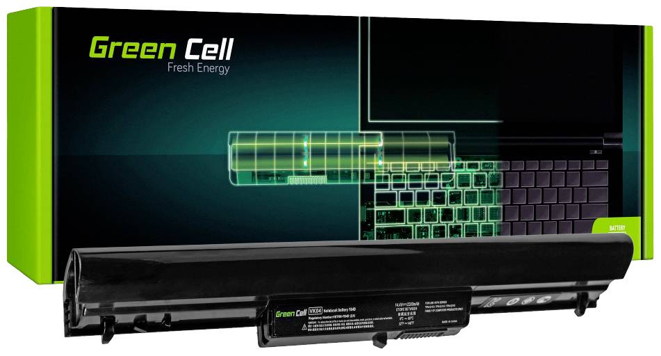Čierny laptop batériu pred obalom so zeleným nápisom 'Green Cell Fresh Energy', vedľa grafickej reprezentácie batérie.