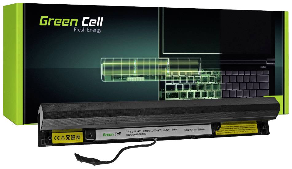 Batéria notebooku od Green Cell, navrhnutá pre konkrétnu sériu notebookov, umiestnená pred obalom. Názov značky a technické údaje sú viditeľné.