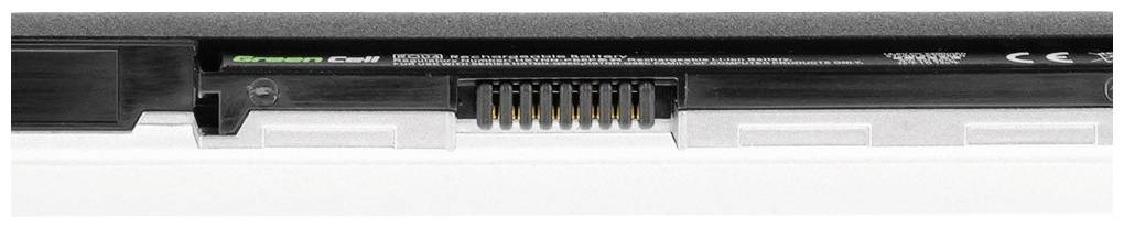 Detailný záber laptopovej batérie ukazuje kontaktné konektory v rade. Batéria je čierna s zeleným označením na vrchu.