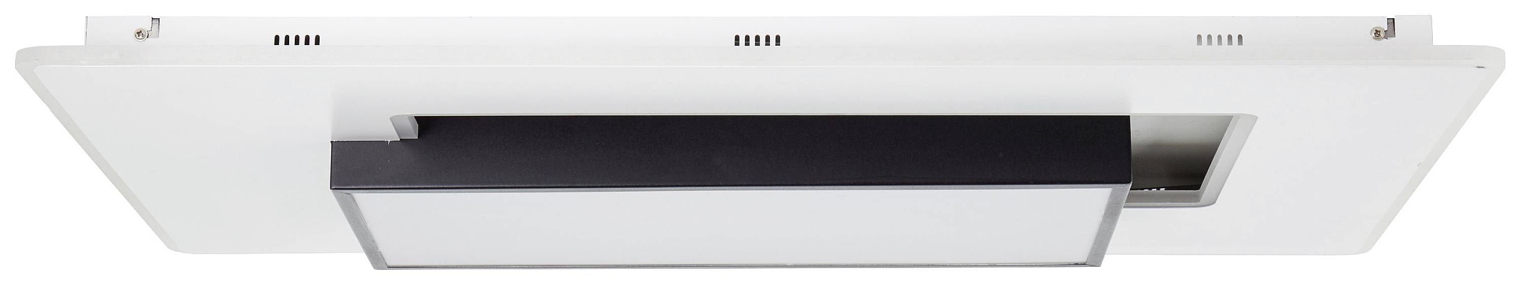 Moderné, obdĺžnikové stropné svietidlo v bielej farbe s čiernym akcentom uprostred, vhodné pre súčasný interiérový dizajn.