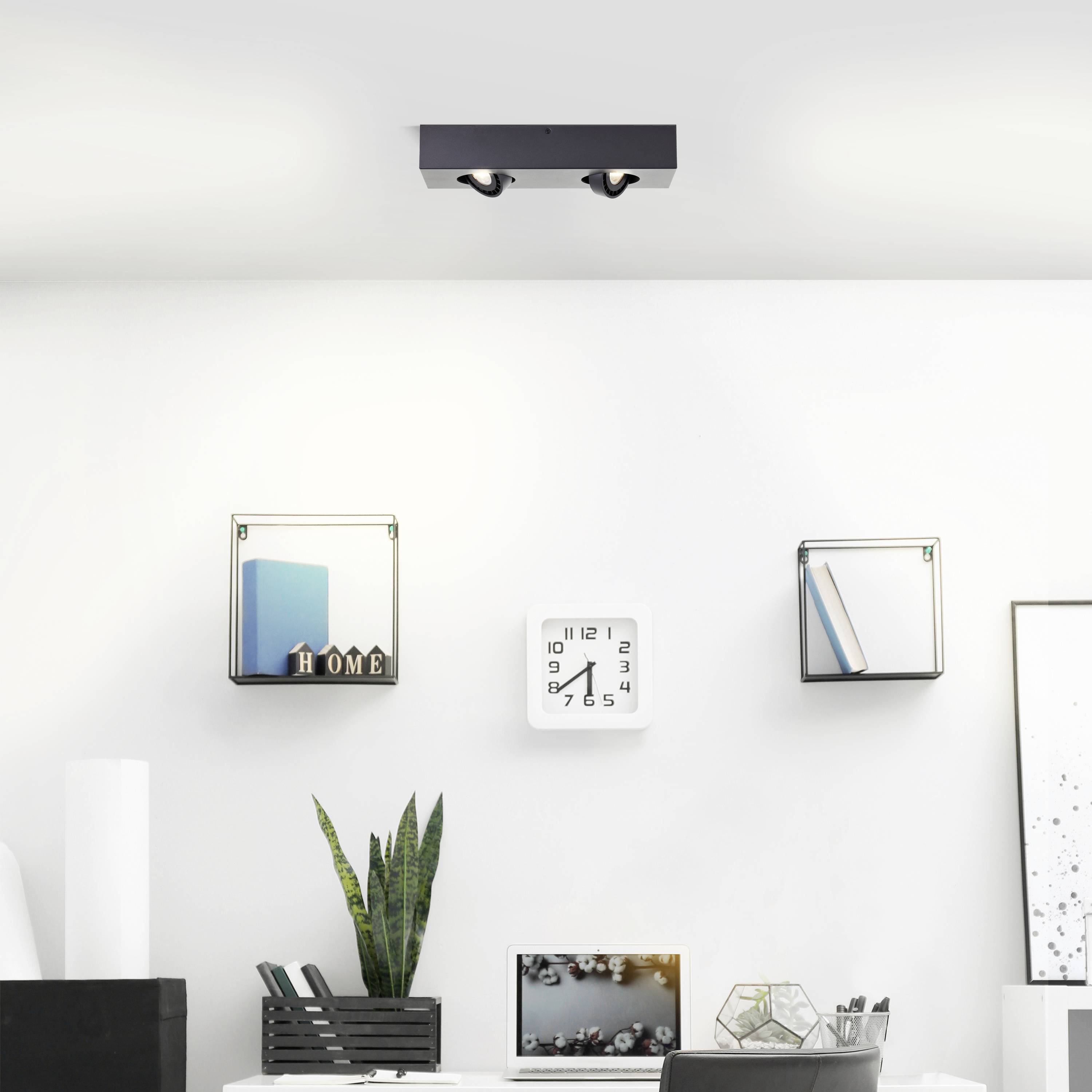 Moderné kancelárske zariadenie so stolom, rastlinami, stenovou políčkou s knihami, hoddinami a kockovitou lampou na strope.