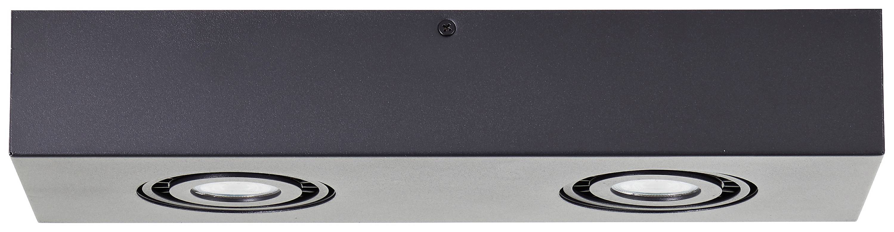 Obdĺžnikový, moderný stropný svetelný modul so dvoma zabudovanými kruhovými bodovými svetlami v tmavom kryte.