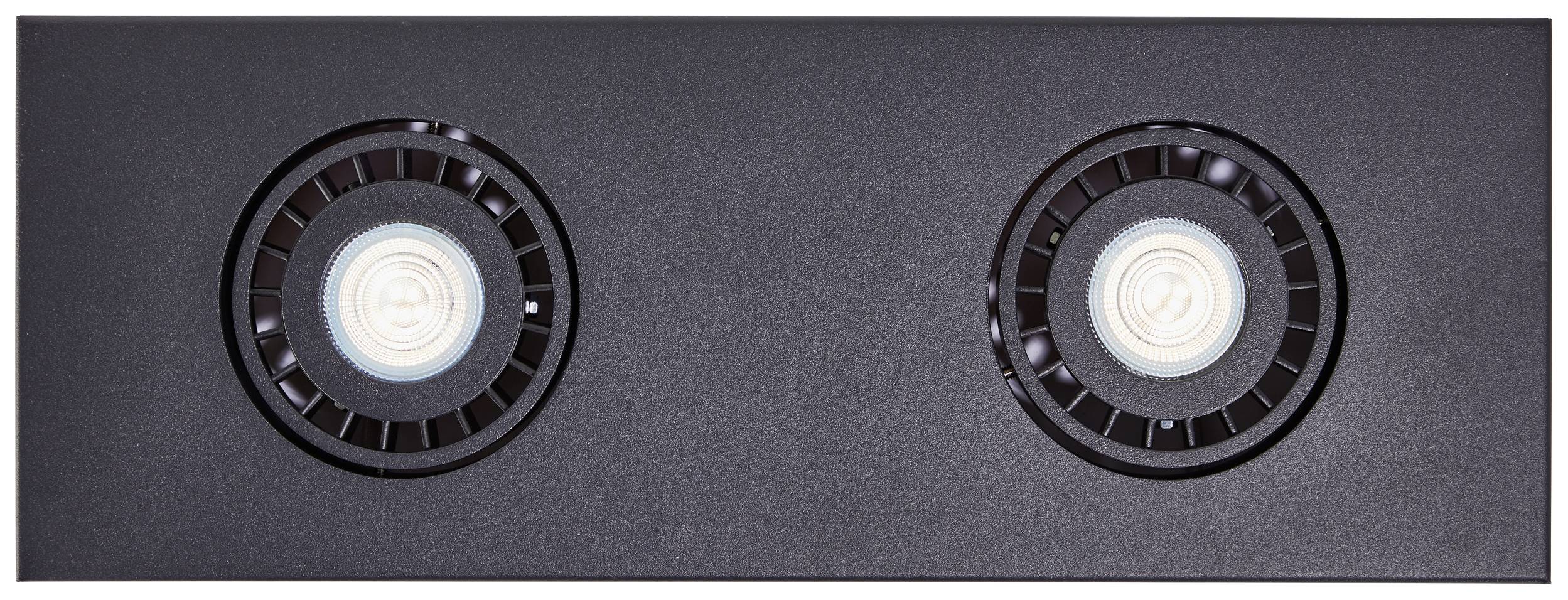 Dve okrúhle LED svetlá umiestnené súmerne vedľa seba na čiernej obdĺžnikovej ploche.