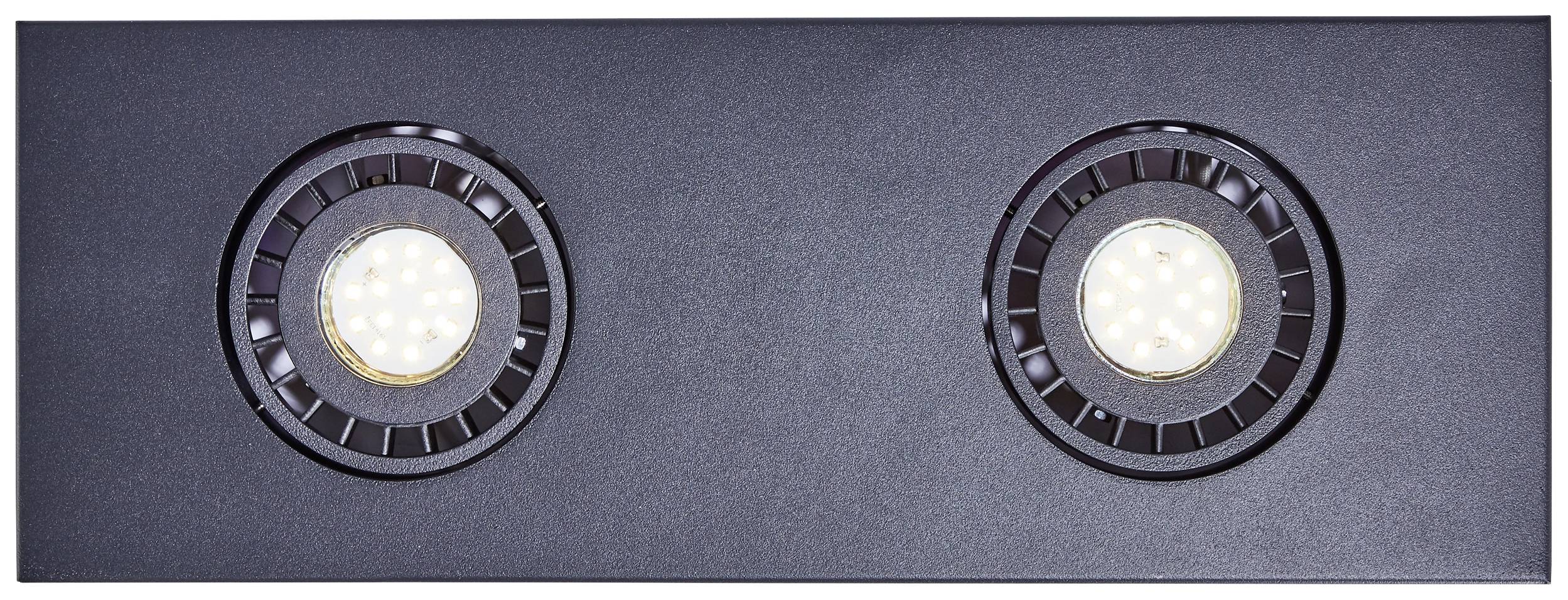 Dve okrúhle, biele LED svetlá zabudované do obdĺžnikovej čiernej plochy, rovnomerne rozmiestnené.