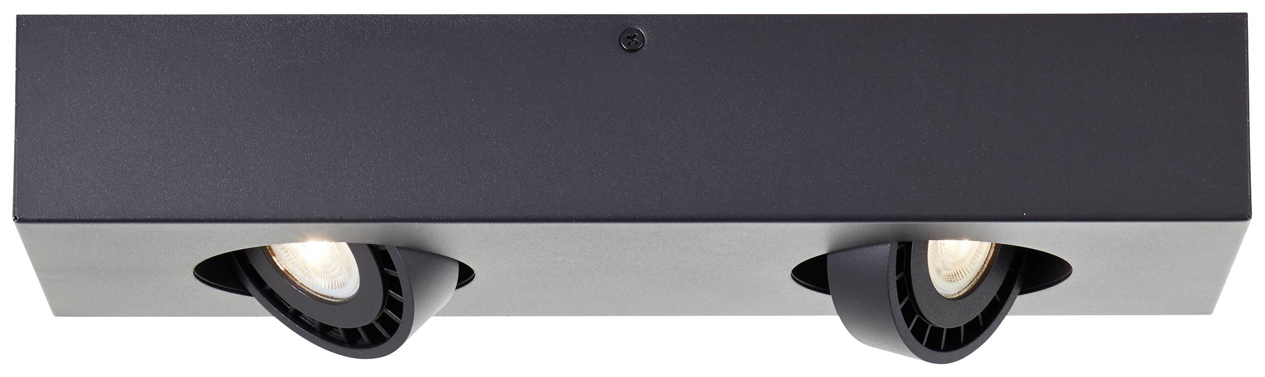 Čierne obdĺžnikové stropné svietidlo s dvoma nastaviteľnými svetlometmi, oba smerujúce smerom nadol. Minimalistický dizajn.