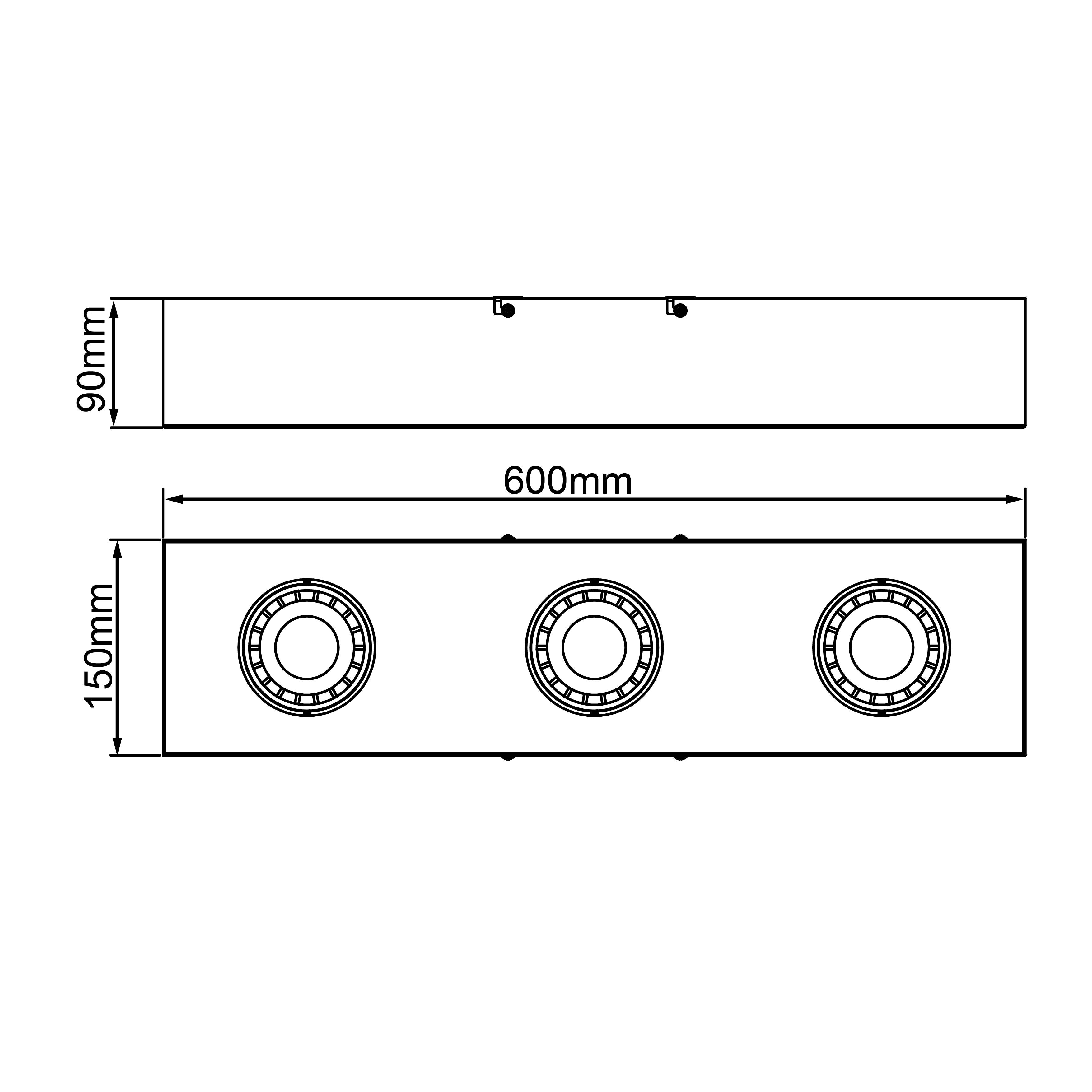 'Technický výkres obdĺžnikového objektu s tromi kruhovými preliačinami v strede. Rozmery: 600 mm x 150 mm x 90 mm.'