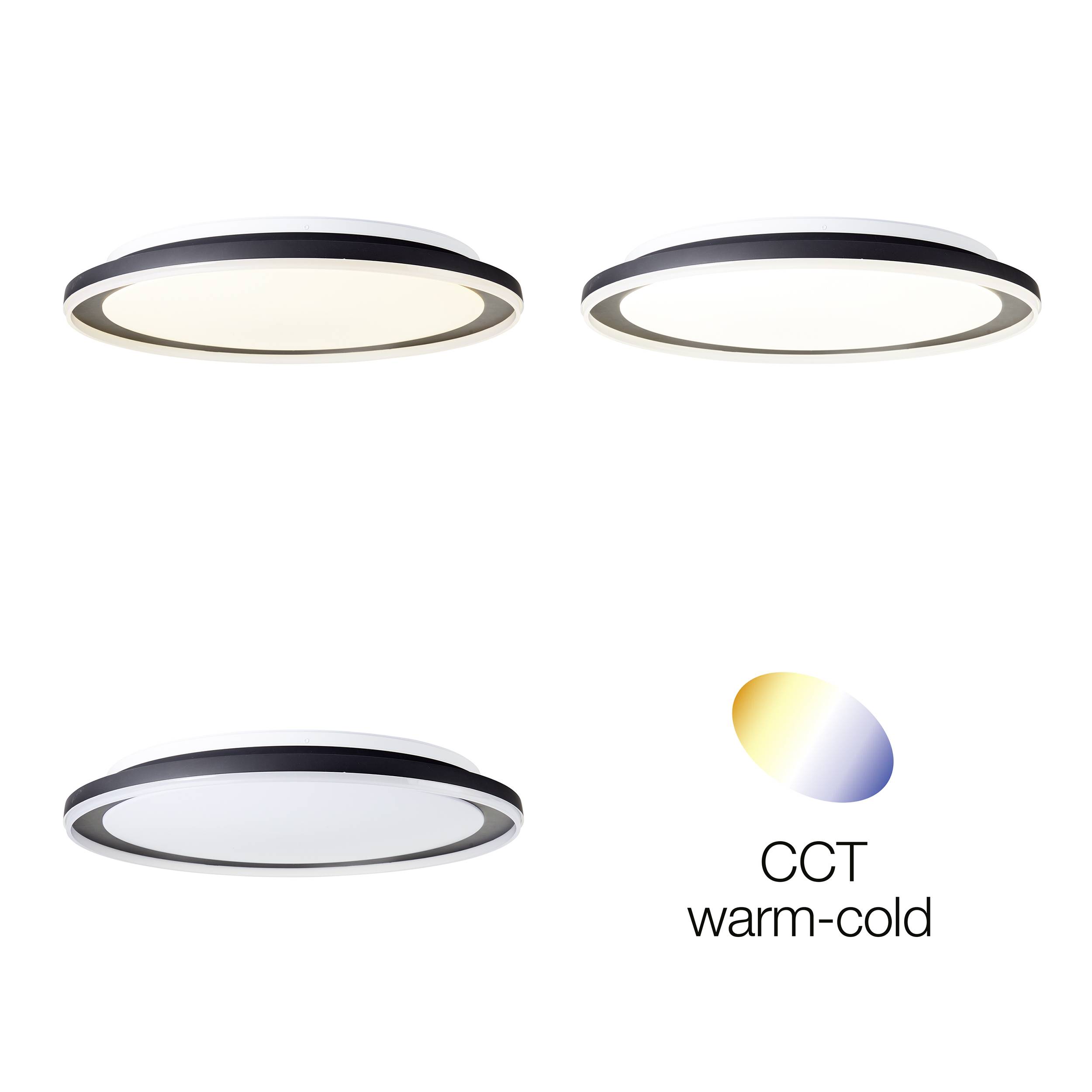 Tri okrúhle stropné LED svietidlá zobrazujúce rôzne teploty svetla: teplé, neutrálne a studené svetlo. Ilustrácia farebnej teplotnej stupnice.