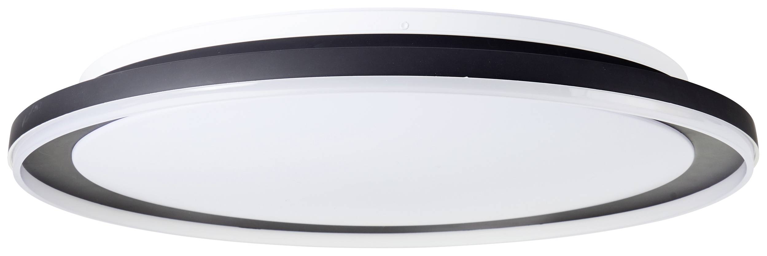 Okrúhle stropné svietidlo s bielym difúzorom a čiernym lemom, vhodné do moderných interiérov.