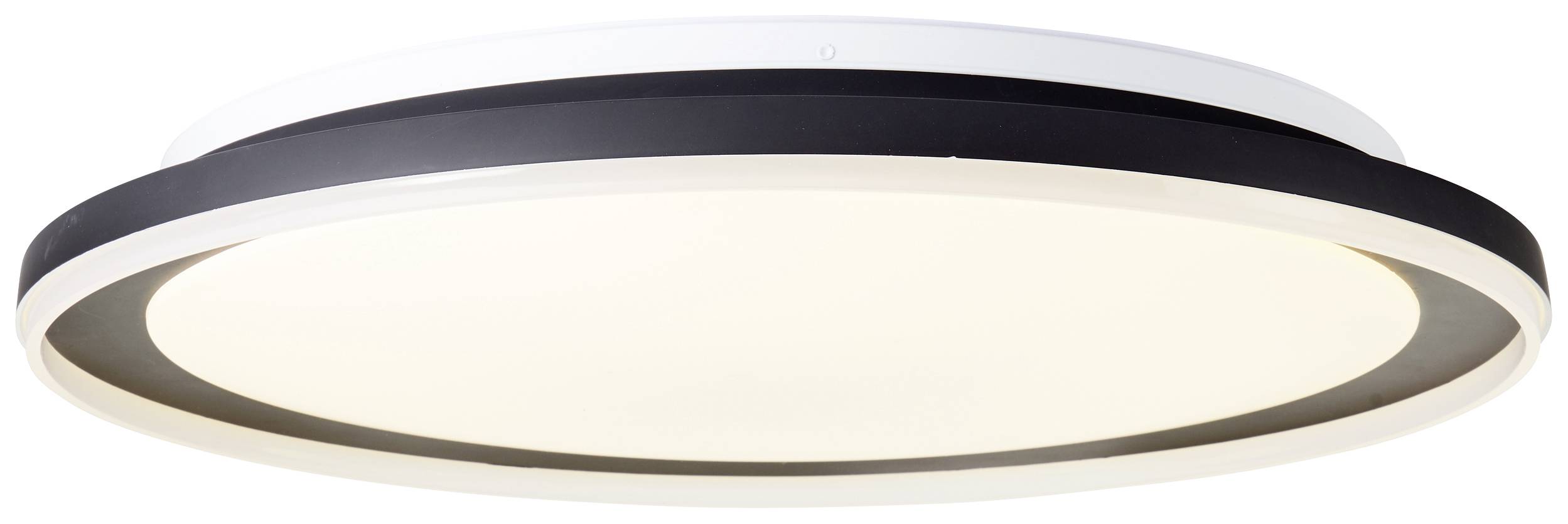 Biela, okrúhla stropná lampa s čiernym lemom, navrhnutá minimalisticky a moderne. Vhodná na osvetlenie interiérových priestorov.