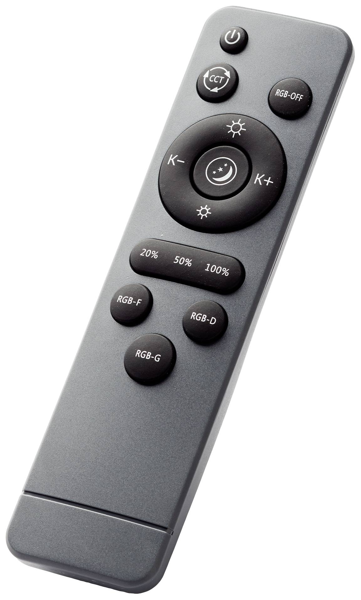 Sivý ovládač s viacerými tlačidlami na ovládanie RGB osvetlenia a jasu. Navrchu sa nachádza spínač zapnutia/vypnutia.