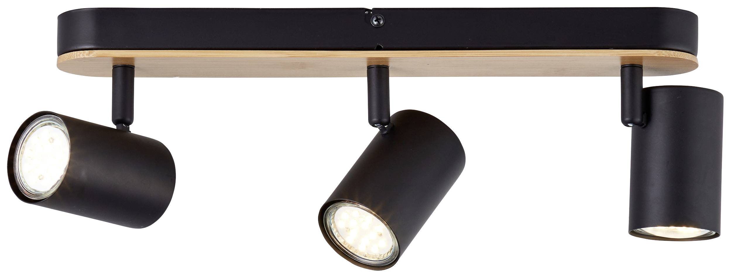 Trojitá stropná bodová lampa v čiernej farbe s drevenou lištou a nastaviteľnými reflektormi.