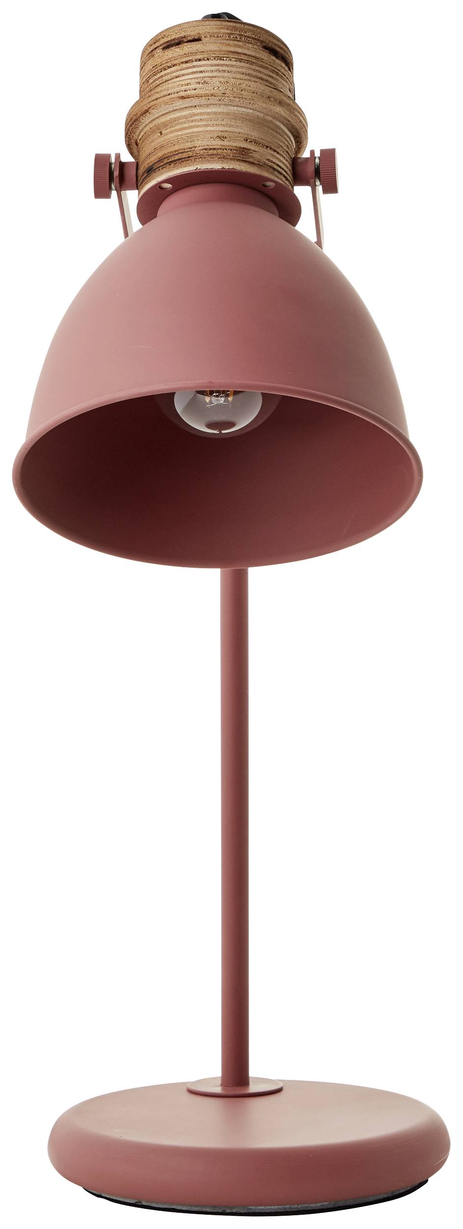 Červená stolná lampa s matným povrchom a drevenými detailmi na podstavci. Lampa má okrúhlu základňu a smeruje svetlo nadol.