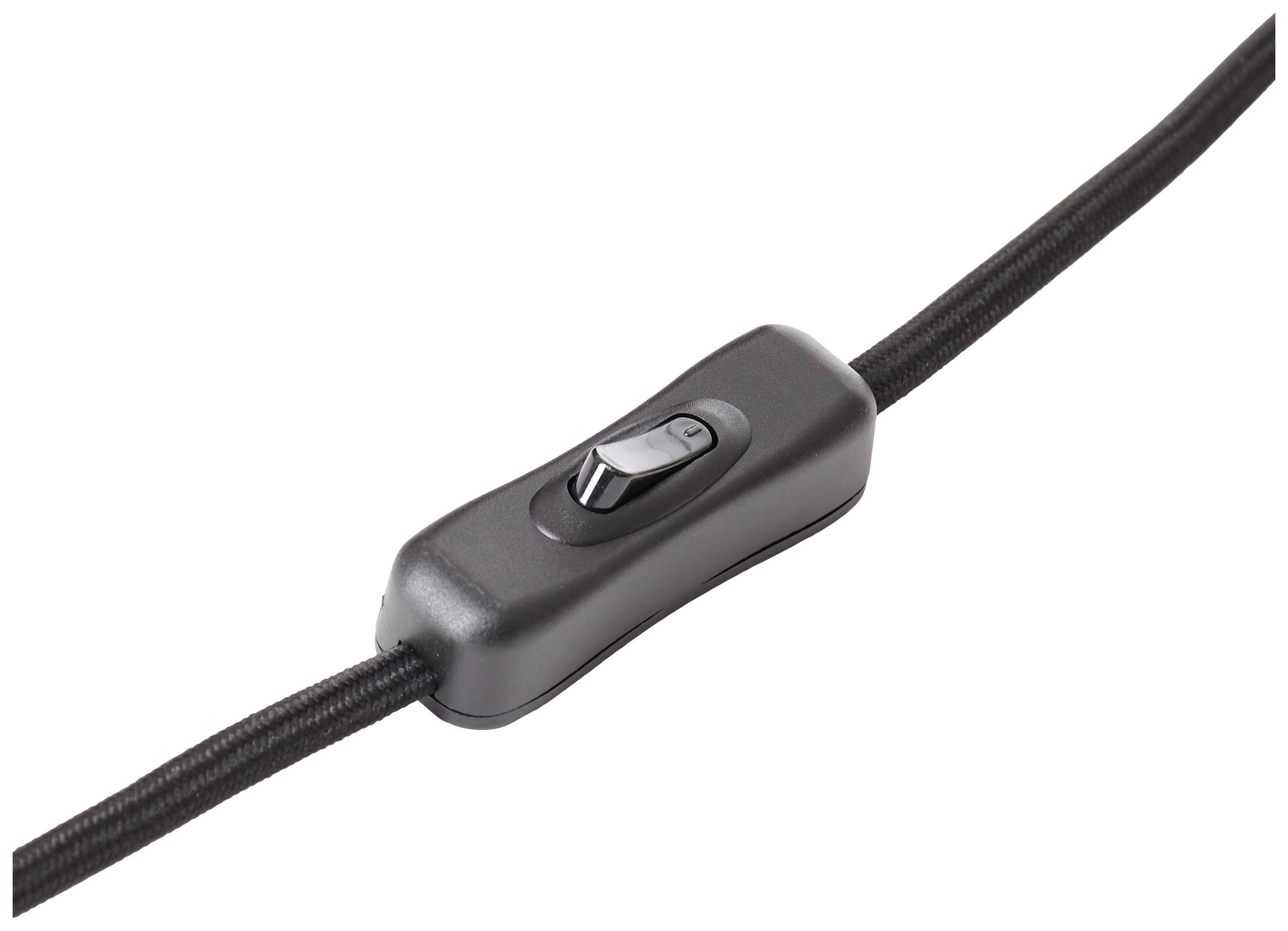 Čierny preklápaný spínač na kábli, ktorý ukazuje polohu 'zapnuté' alebo 'vypnuté' pre elektronické zariadenia.