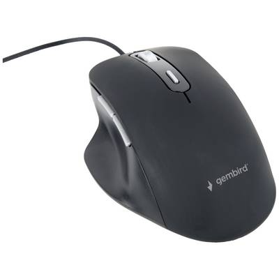 Čierna ergonomická počítačová myš s káblom a bočnými tlačidlami. Logo 'gembird' je viditeľné na povrchu.