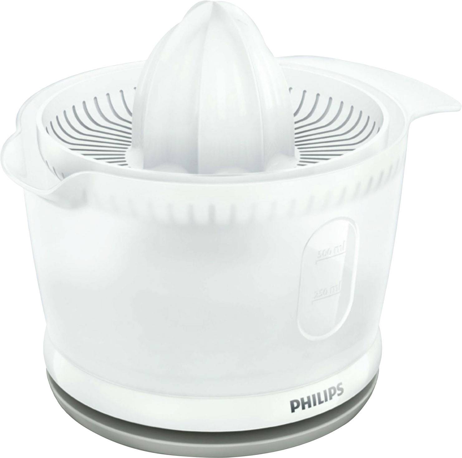 Biely elektrický odšťavovač citrusov od značky Philips s meracou stupnicou na boku.